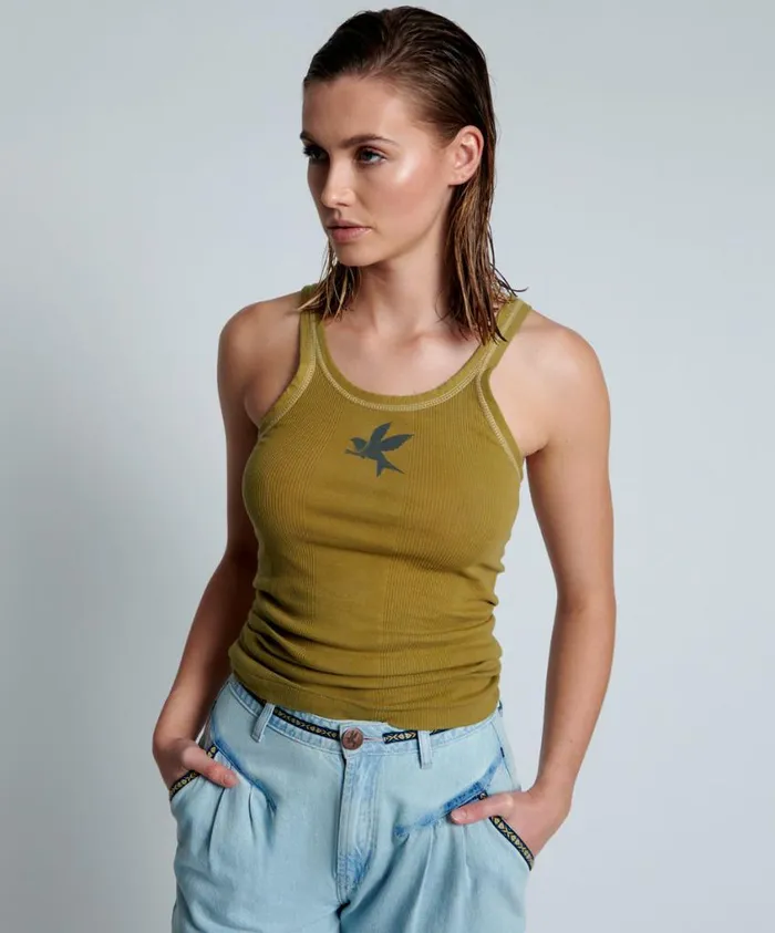 One Teaspoon Tees and Tanks Women Faded Khaki Bower Bird Singlet