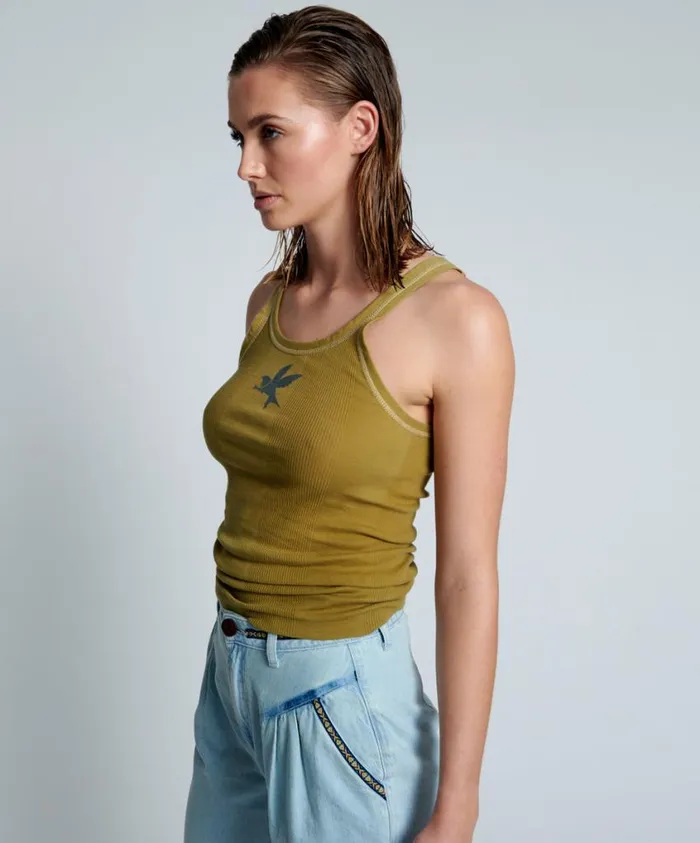 One Teaspoon Tees and Tanks Women Faded Khaki Bower Bird Singlet