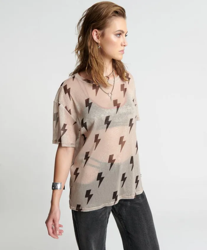 One Teaspoon Tees and Tanks Women Lightning Strikes Mesh Tee Shirt