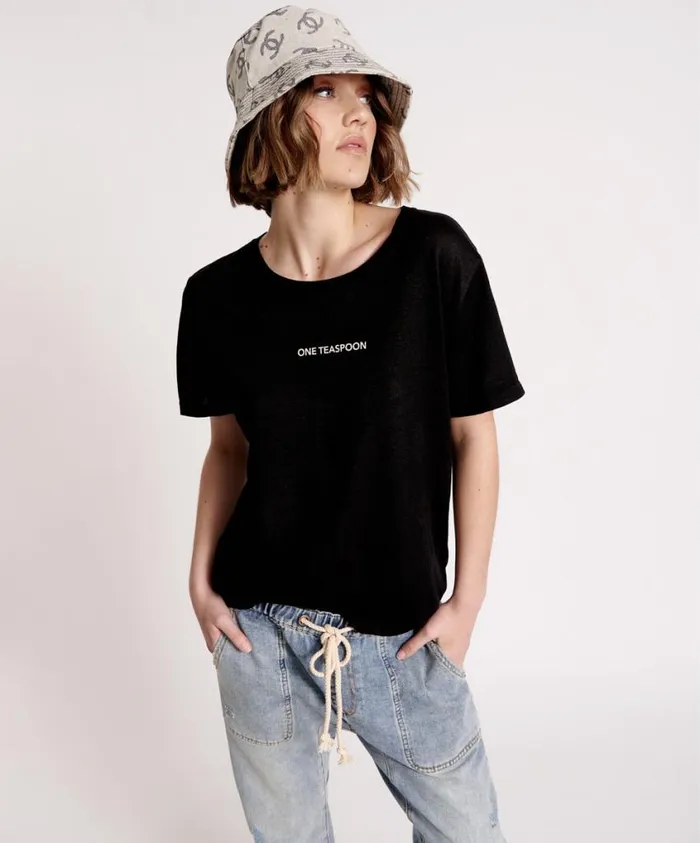 One Teaspoon Tees and Tanks Women One Teaspoon Linen Wide Neck Basic Tee Black USA