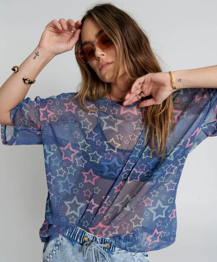 One Teaspoon Tees and Tanks Women Sensory Star Oversized Mesh Tee