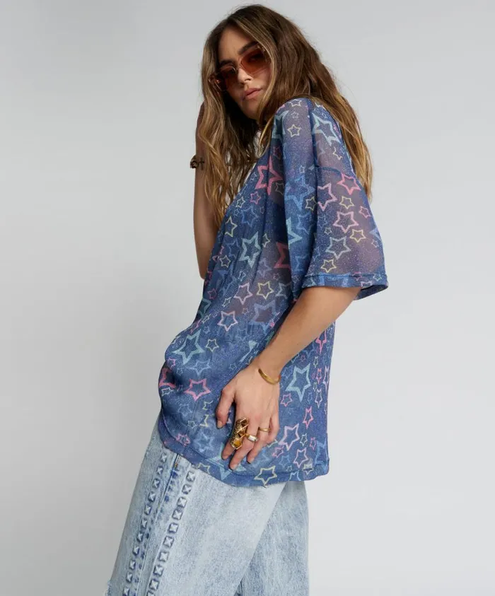 One Teaspoon Tees and Tanks Women Sensory Star Oversized Mesh Tee