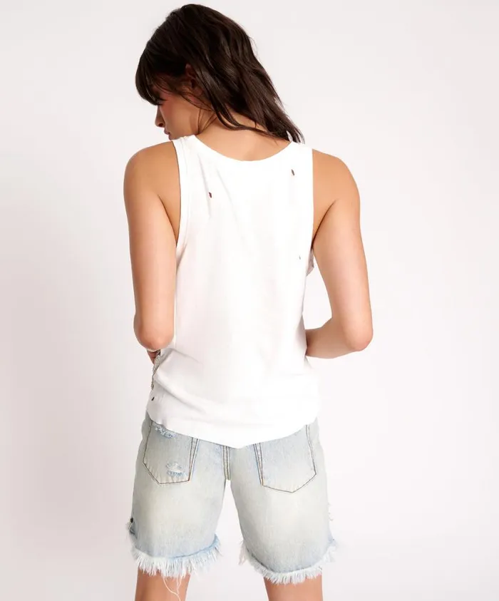 One Teaspoon Tees and Tanks Women White Ribbed Distressed Daddio Singlet
