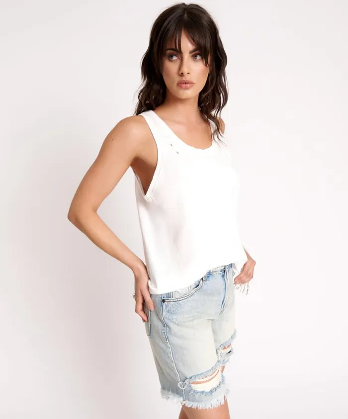 One Teaspoon Tees and Tanks Women White Ribbed Distressed Daddio Singlet