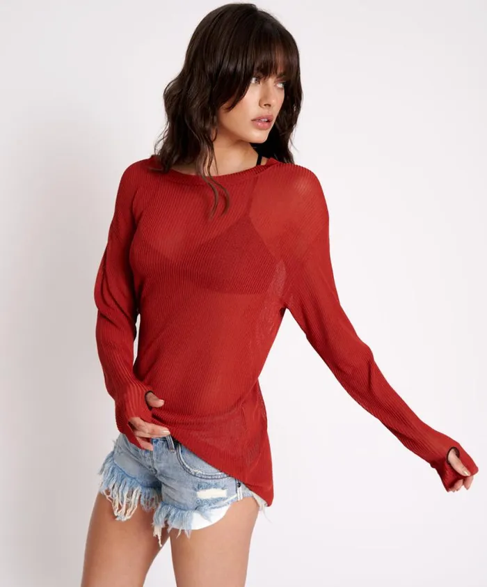 One Teaspoon Tops Women Amity Sheer Rib Knit Top Brown