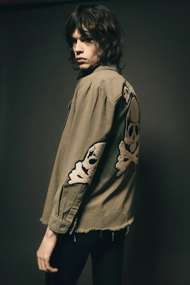 OTHER SHIRTS MEN Skull and Crossbones Military Shirt Military Green