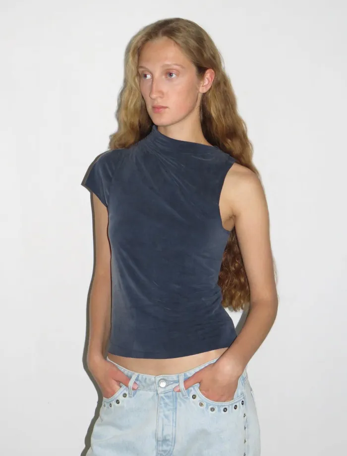 Paloma Wool ELVIRA Navy Asymmetric Sleeve Softneck Cupro Top Women Tops
