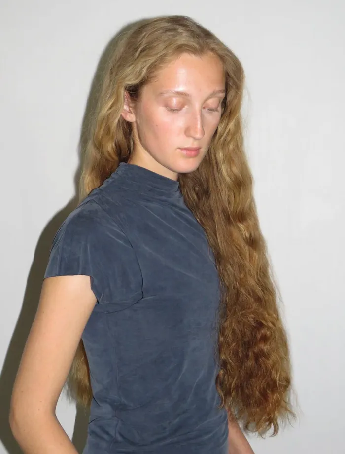 Paloma Wool ELVIRA Navy Asymmetric Sleeve Softneck Cupro Top Women Tops