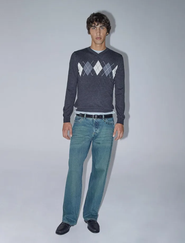 Paloma Wool GIPSMen039s Longsleeved Sweater With Vneckline And Diamond Pattern On The Chest Pwman 8211 US