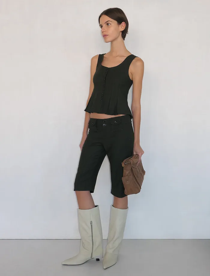 Paloma Wool MAUROKhaki Fitted Top With Godet Hem And Front Buttons Women Tops