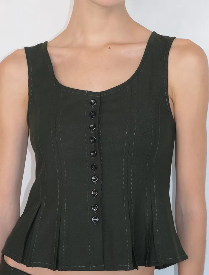 Paloma Wool MAUROKhaki Fitted Top With Godet Hem And Front Buttons Women Tops