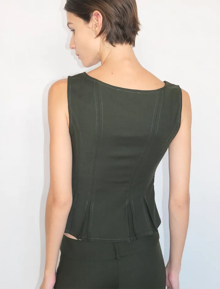 Paloma Wool MAUROKhaki Fitted Top With Godet Hem And Front Buttons Women Tops