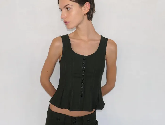 Paloma Wool MAUROKhaki Fitted Top With Godet Hem And Front Buttons Women Tops