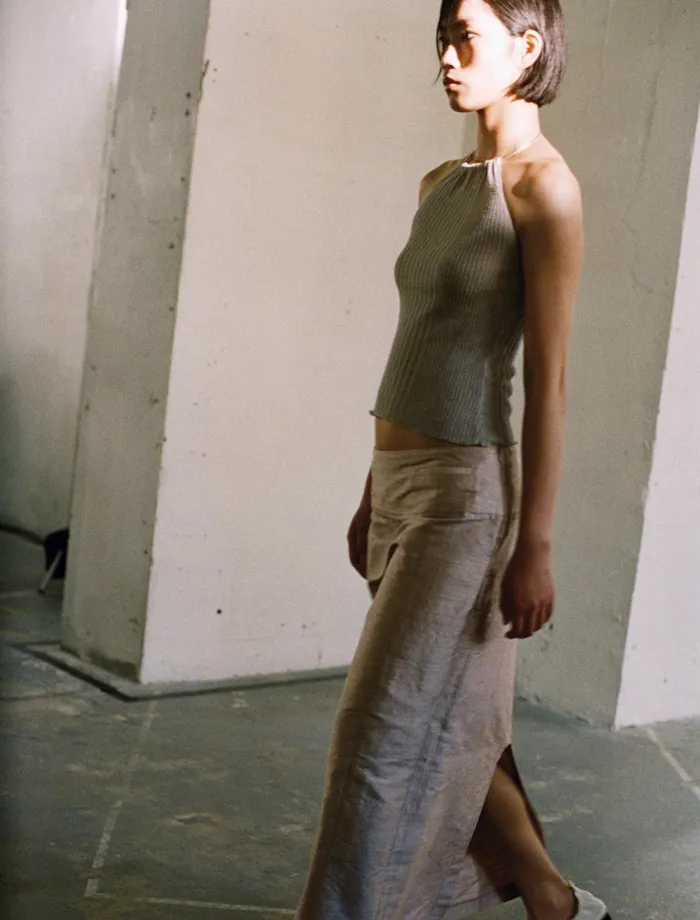 Paloma Wool THAMESISLightgrey Slightly Sheer Ribbed Halter Linen Top Women Tops