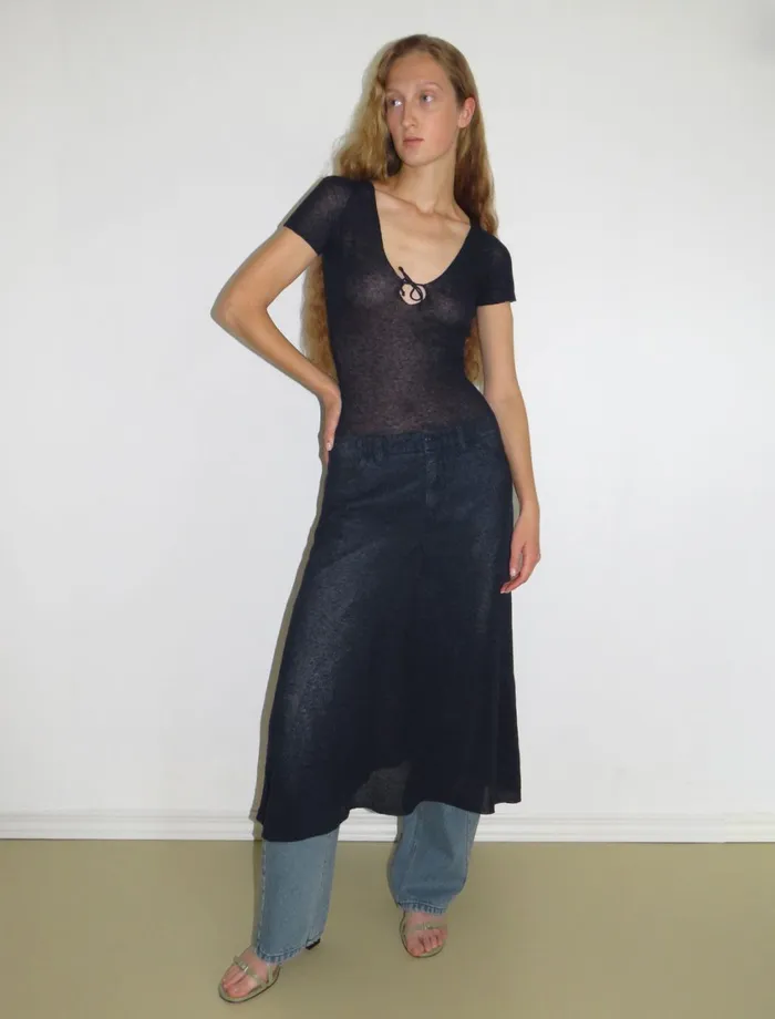 Paloma Wool YASHSlightly Sheer Long Knit Flared Dress With A Tie Detail At The Neckline Women Dresses Paloma Wool YASHSlightly Sheer Long Knit Flared Dress With A Tie Detail At The Neckline Women Dresses