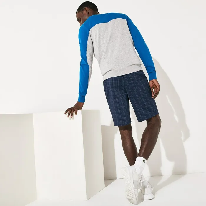 Pants and Shorts Lacoste Mens SPORT Checked Stretch Golf Bermudas Navy BlueBlueWhiteTurquoise Cheap On Sale