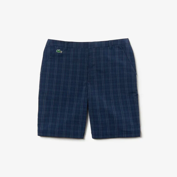 Pants and Shorts Lacoste Mens SPORT Checked Stretch Golf Bermudas Navy BlueBlueWhiteTurquoise Cheap On Sale