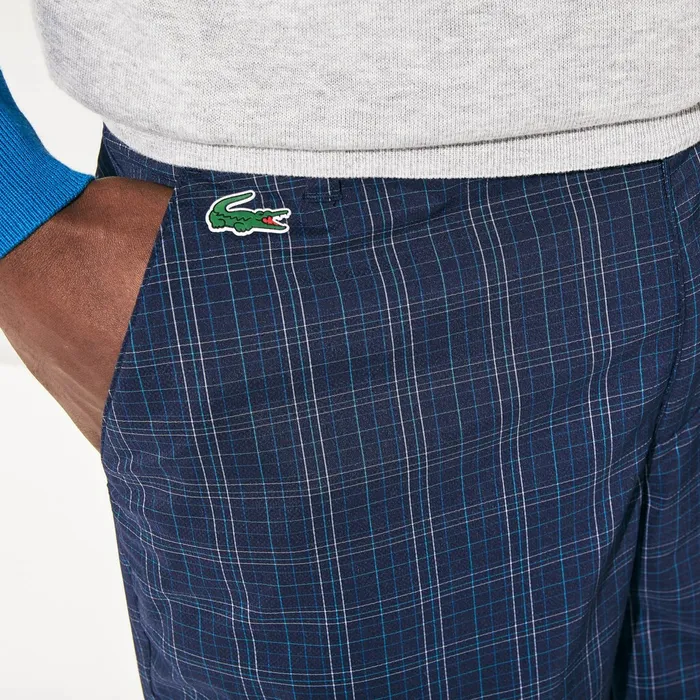 Pants and Shorts Lacoste Mens SPORT Checked Stretch Golf Bermudas Navy BlueBlueWhiteTurquoise Cheap On Sale
