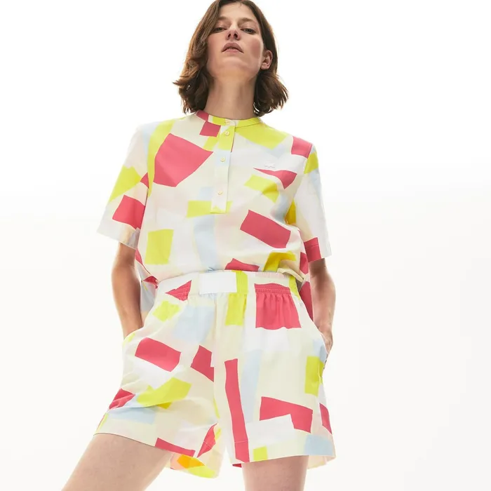 Pants and Shorts Lacoste Womens AbstractPrint Cotton Poplin Shorts YellowWhite Gift for Friend Pants and Shorts Lacoste Womens AbstractPrint Cotton Poplin Shorts YellowWhite Gift for Friend