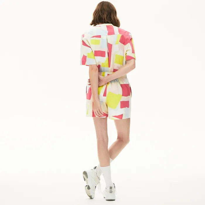 Pants and Shorts Lacoste Womens AbstractPrint Cotton Poplin Shorts YellowWhite Gift for Friend