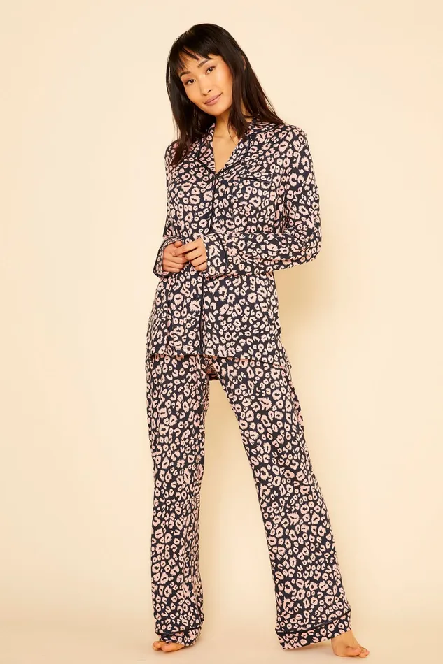 Pj Sets Women Cosabella Bella Printed Long Sleeve Top and Pant Pajamas Navyleopard