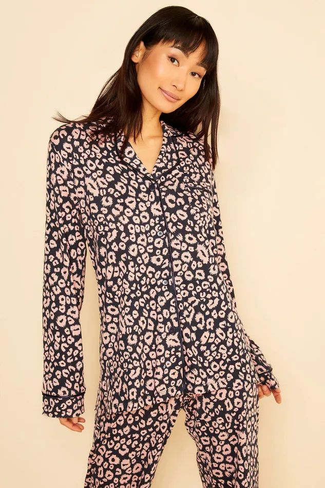 Pj Sets Women Cosabella Bella Printed Long Sleeve Top and Pant Pajamas Navyleopard