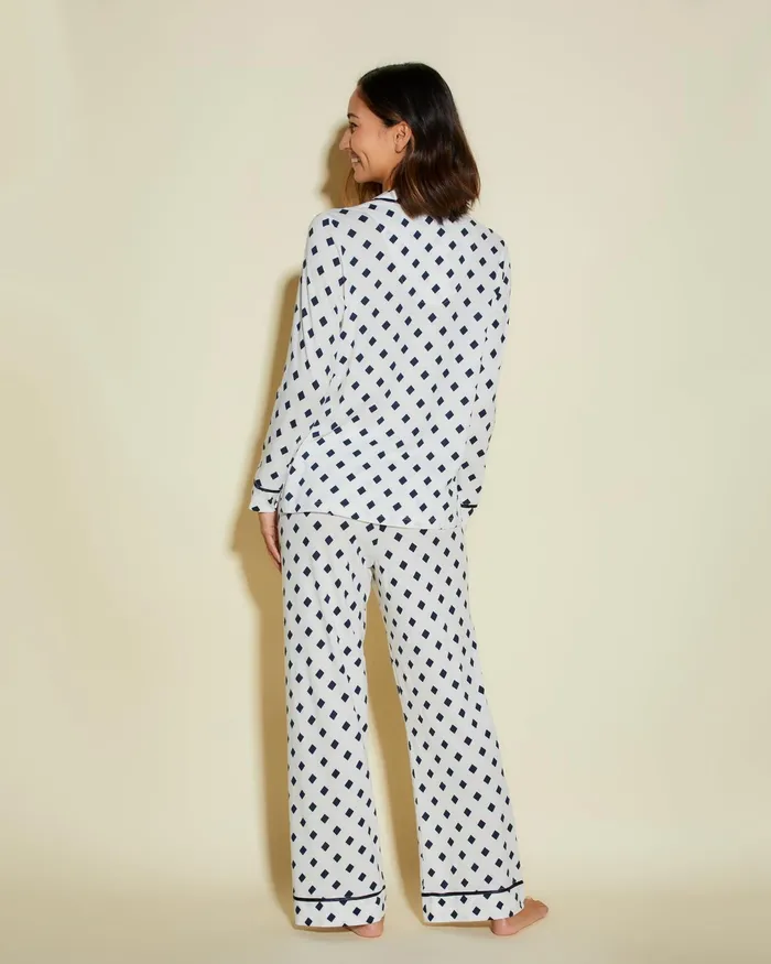 Pj Sets Women Cosabella Bella Printed Petite Long Sleeve Top And Pant Pajama Set Diamond Whitenavy