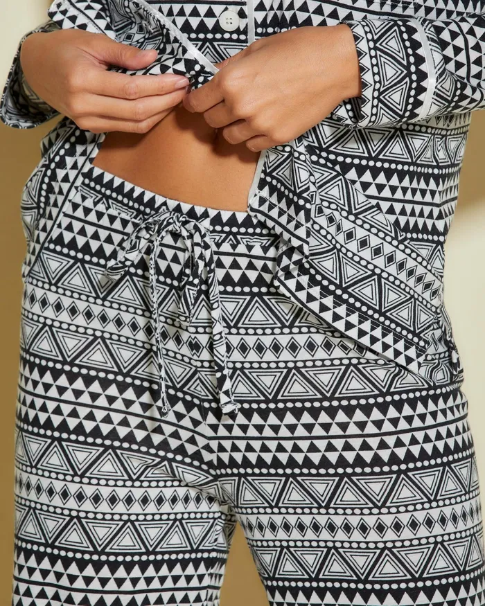 Pj Sets Women Cosabella Bella Printed Petite Long Sleeve Top And Pant Pajama Set Geo Blackwhite