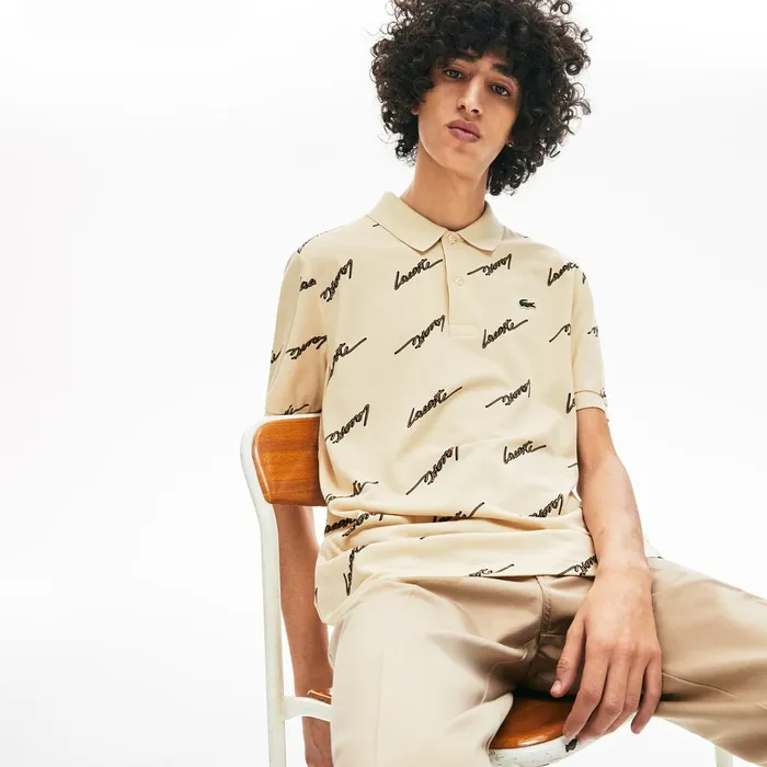 Polos Lacoste Mens LIVE Standard Fit Print Cotton Piqu Polo Shirt Beige Near Me
