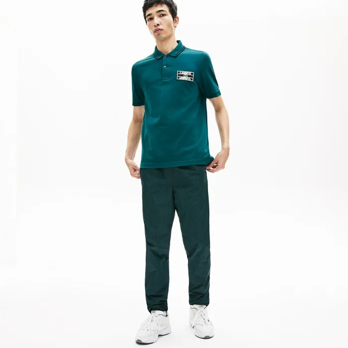 Polos Lacoste Mens LIVE StripedCollar Cotton Piqu Polo Shirt GreenBlack Online Store