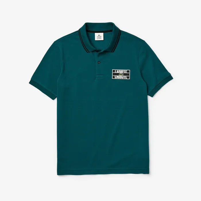 Polos Lacoste Mens LIVE StripedCollar Cotton Piqu Polo Shirt GreenBlack Online Store