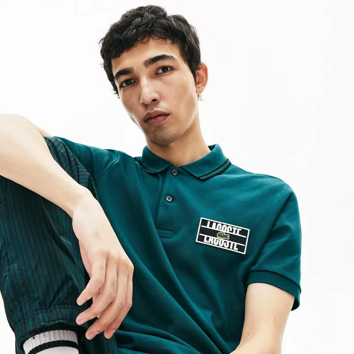 Polos Lacoste Mens LIVE StripedCollar Cotton Piqu Polo Shirt GreenBlack Online Store