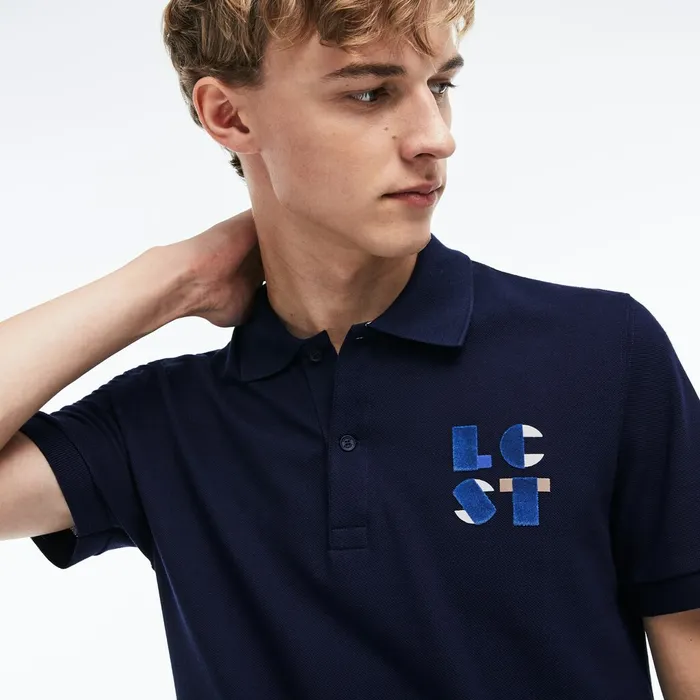 Polos Lacoste Mens Regular Fit LCST Lettering Petit Piqu Polo Navy Blue Gift 4 You