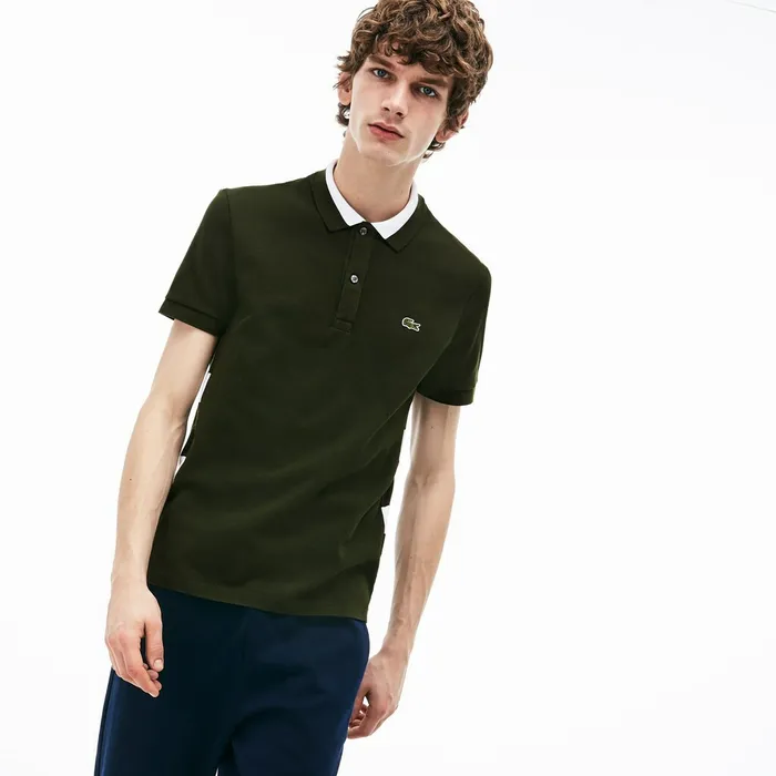 Polos Lacoste Mens Regular Fit Petit Piqu Polo Khaki GreenWhite USA