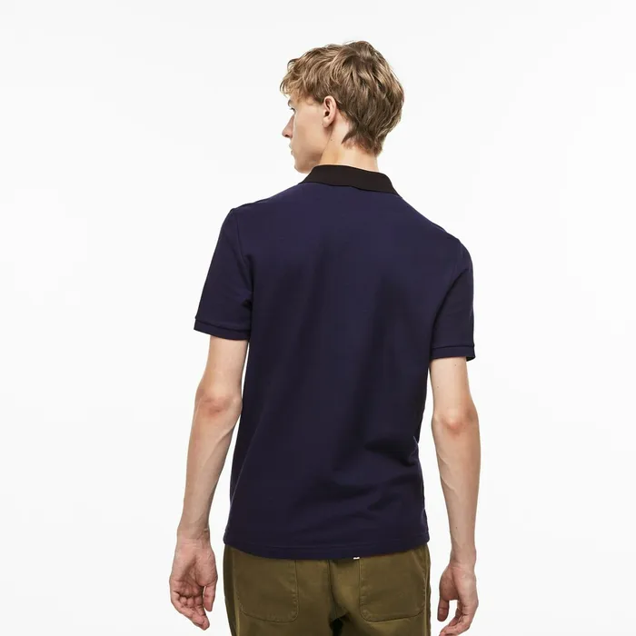 Polos Lacoste Mens Slim Fit Colourblock Striped Knop Piqu Polo Shirt Navy Blue Store