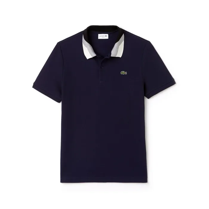 Polos Lacoste Mens Slim Fit Colourblock Striped Knop Piqu Polo Shirt Navy Blue Store