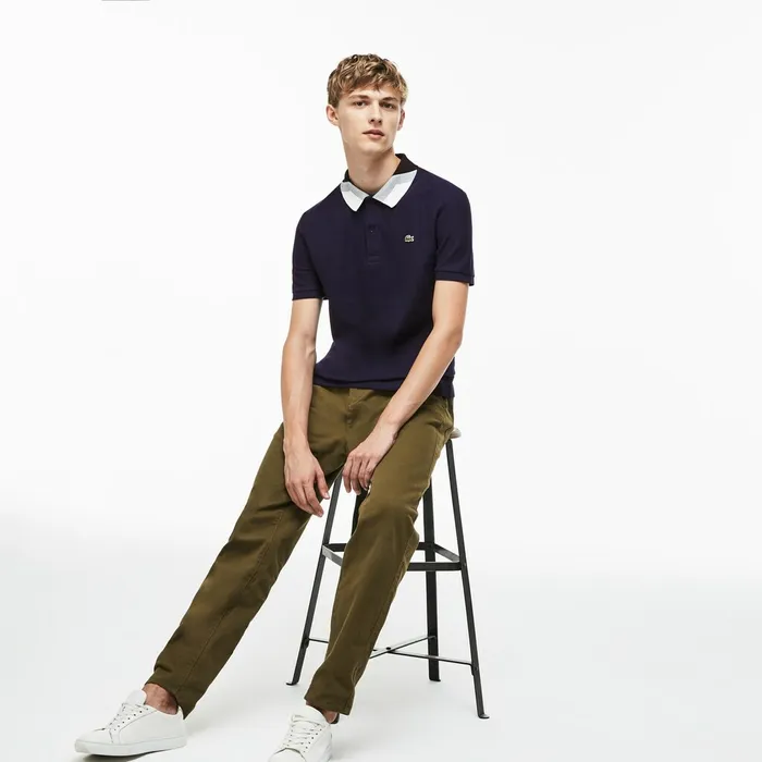 Polos Lacoste Mens Slim Fit Colourblock Striped Knop Piqu Polo Shirt Navy Blue Store