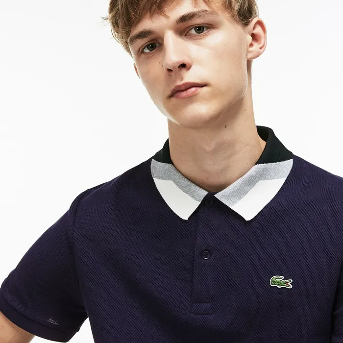 Polos Lacoste Mens Slim Fit Colourblock Striped Knop Piqu Polo Shirt Navy Blue Store