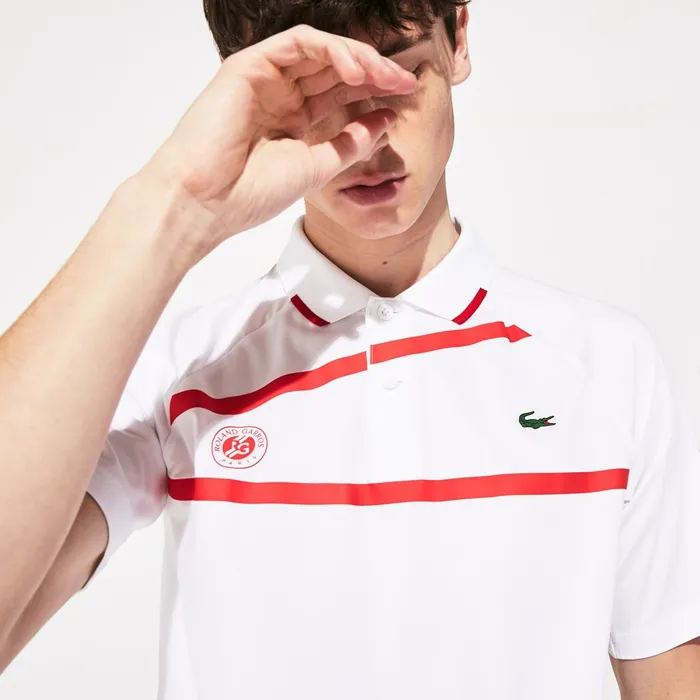 Polos Lacoste Mens SPORT Roland Garros x Novak Djokovic Polo Shirt WhiteRed Gift for Friend
