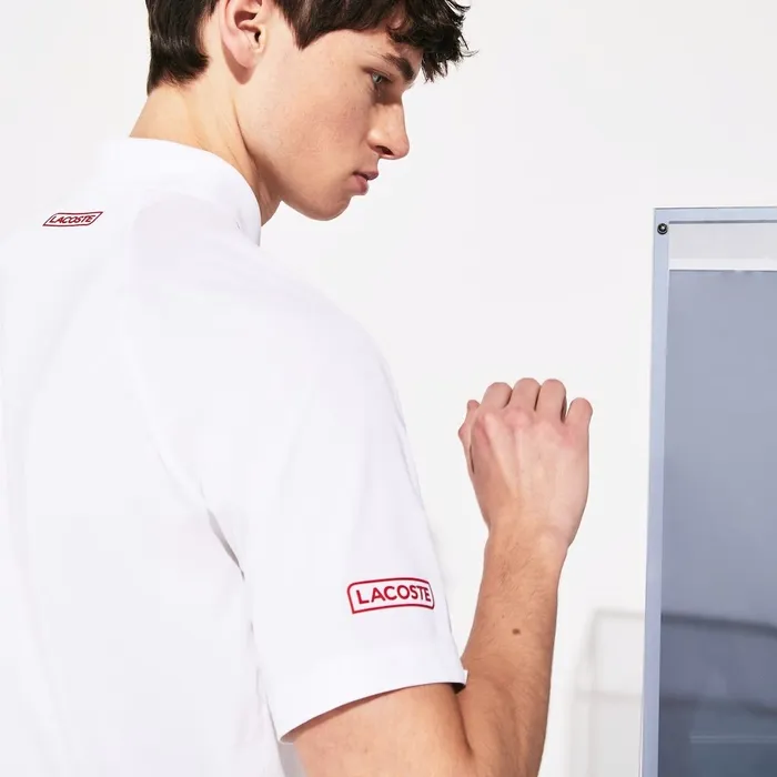 Polos Lacoste Mens SPORT Roland Garros x Novak Djokovic Polo Shirt WhiteRed Gift for Friend