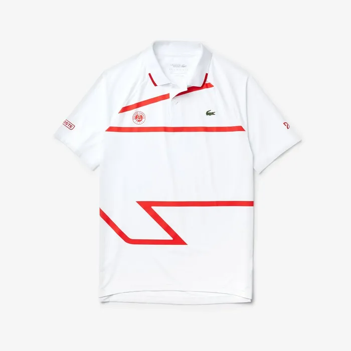 Polos Lacoste Mens SPORT Roland Garros x Novak Djokovic Polo Shirt WhiteRed Gift for Friend