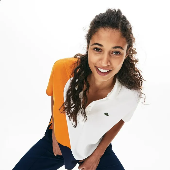 Polos Lacoste Womens ColorBlock Thermoregulating Piqu Polo Navy BlueWhiteOrange Online Outlet Store