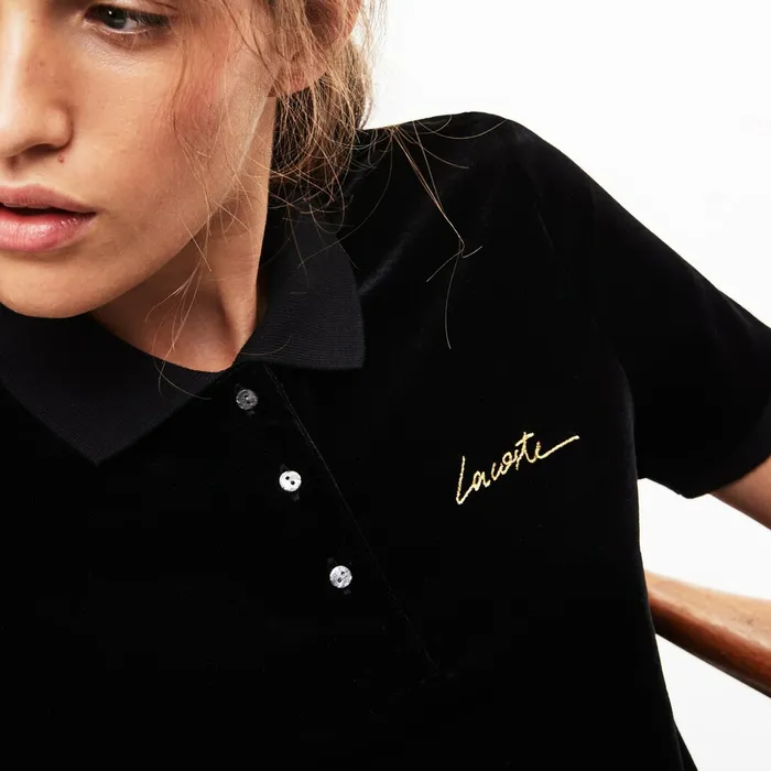 Polos Lacoste Womens LIVE Slim Fit Golden Signature Velvet Polo Shirt Black Cheap On Sale Polos Lacoste Womens LIVE Slim Fit Golden Signature Velvet Polo Shirt Black Cheap On Sale