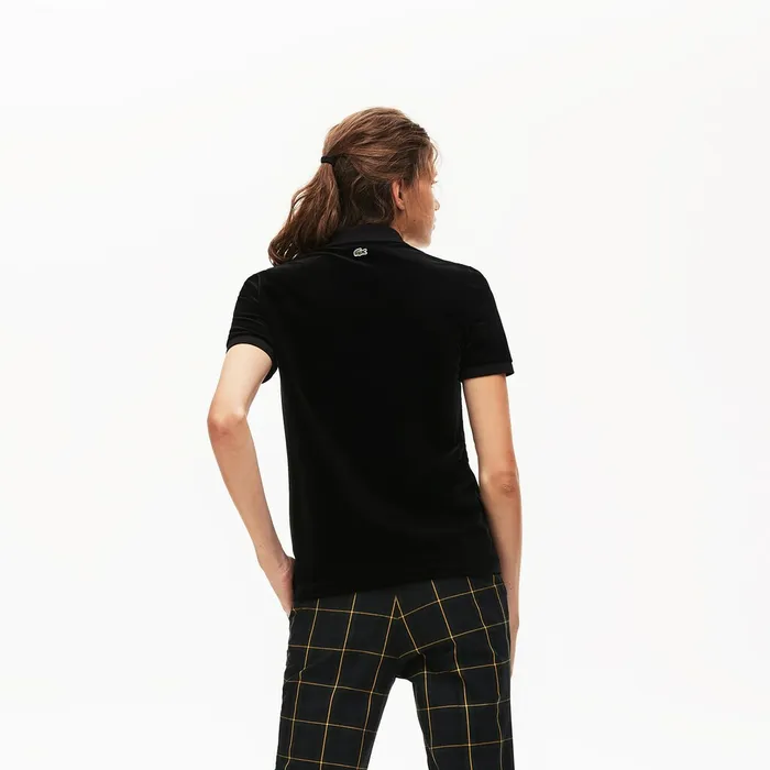 Polos Lacoste Womens LIVE Slim Fit Golden Signature Velvet Polo Shirt Black Cheap On Sale