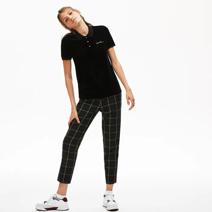 Polos Lacoste Womens LIVE Slim Fit Golden Signature Velvet Polo Shirt Black Cheap On Sale