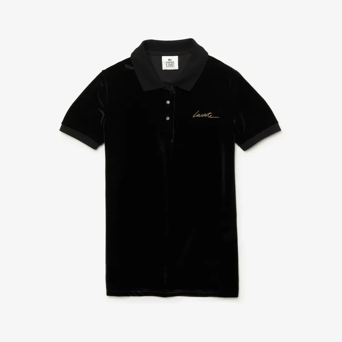 Polos Lacoste Womens LIVE Slim Fit Golden Signature Velvet Polo Shirt Black Cheap On Sale