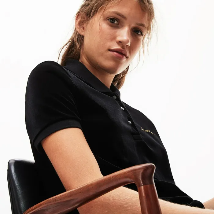 Polos Lacoste Womens LIVE Slim Fit Golden Signature Velvet Polo Shirt Black Cheap On Sale