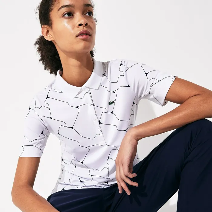 Polos Lacoste Womens SPORT Printed Stretch Jersey Golf Polo WhiteNavy Blue Near Me Polos Lacoste Womens SPORT Printed Stretch Jersey Golf Polo WhiteNavy Blue Near Me