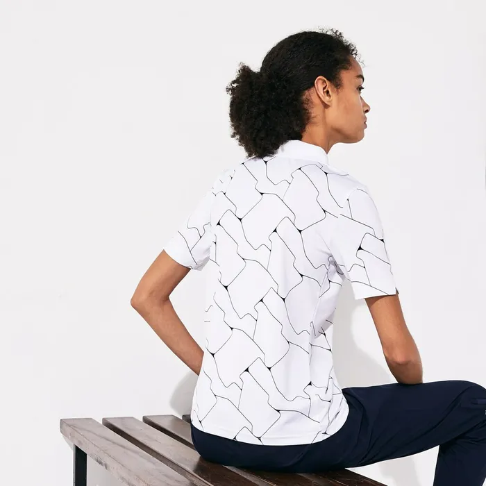 Polos Lacoste Womens SPORT Printed Stretch Jersey Golf Polo WhiteNavy Blue Near Me