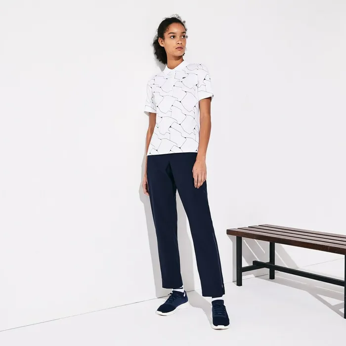 Polos Lacoste Womens SPORT Printed Stretch Jersey Golf Polo WhiteNavy Blue Near Me